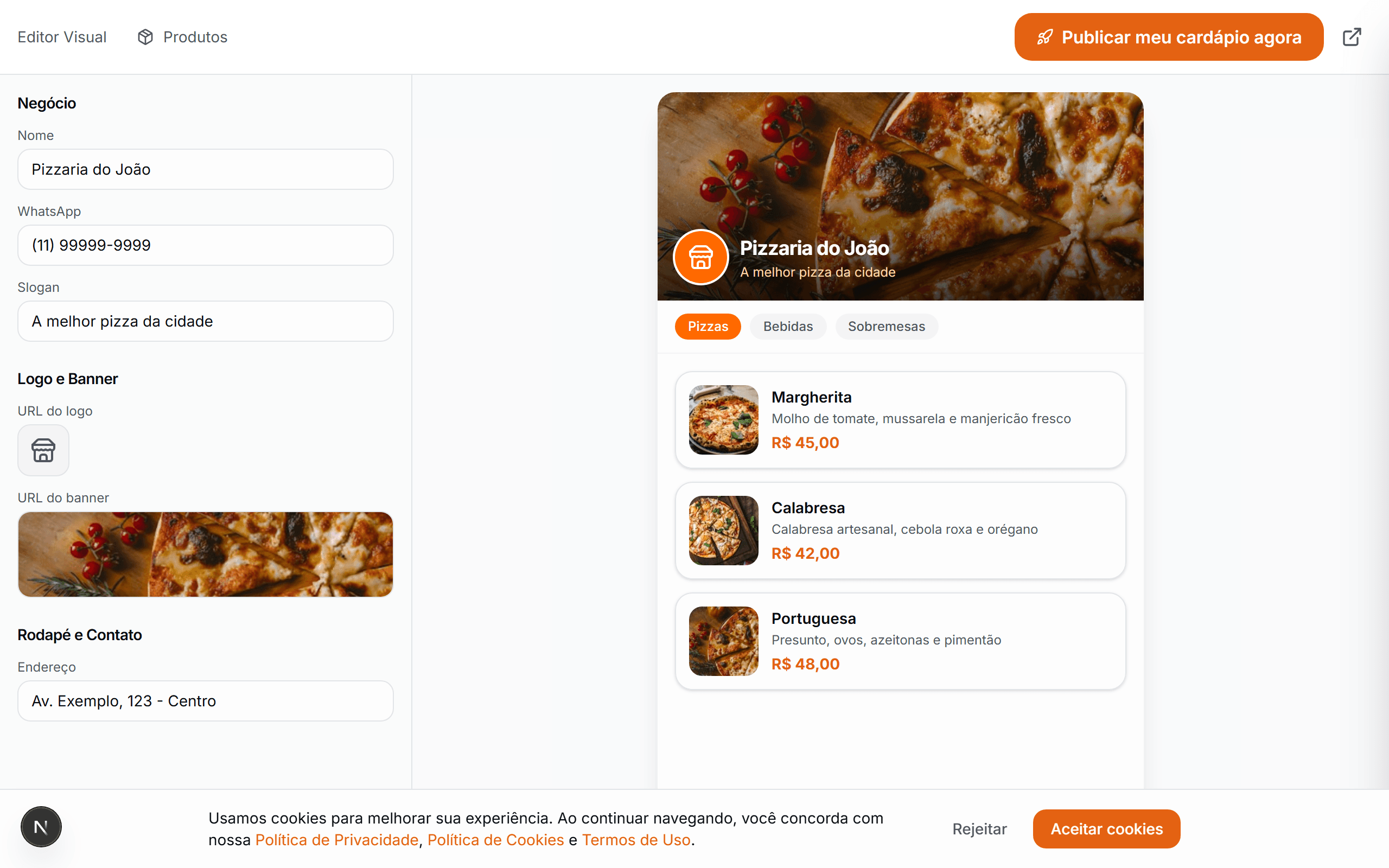 Editor visual intuitivo do cardápio digital Zairyx