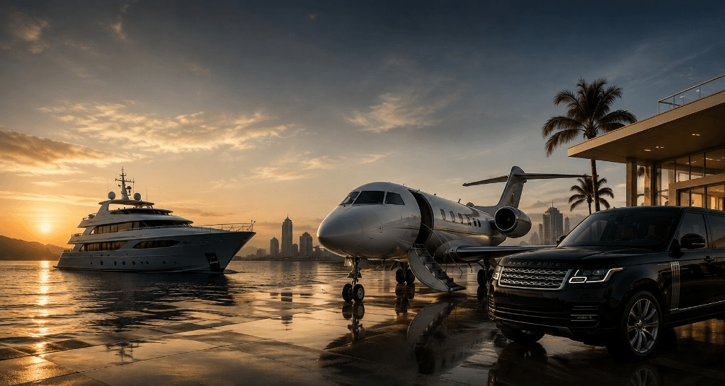 Mobilidade executiva — iate, jato e SUV de luxo